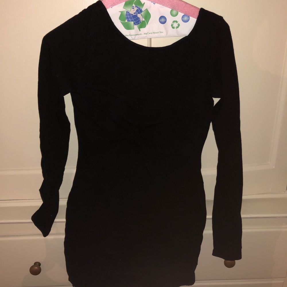 Plain black, tight, long sleeve dress